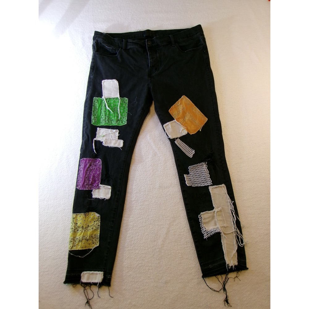 Valabasas Mens‎ Black Bandana Patchwork Distressed Slim Fit Jeans Size 40